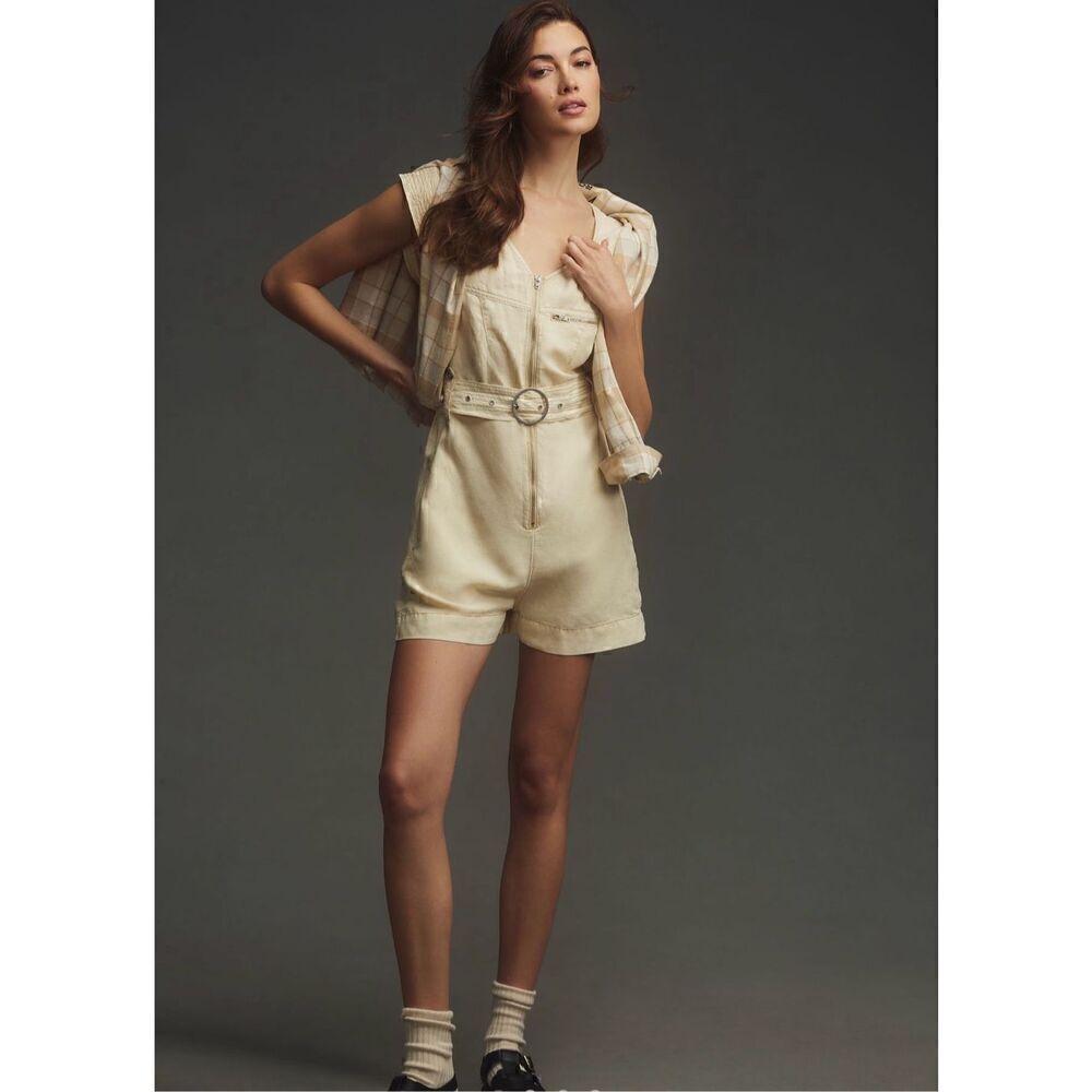 Anthropologie Pilcro Belted V-Neck Romper Neutral Size S